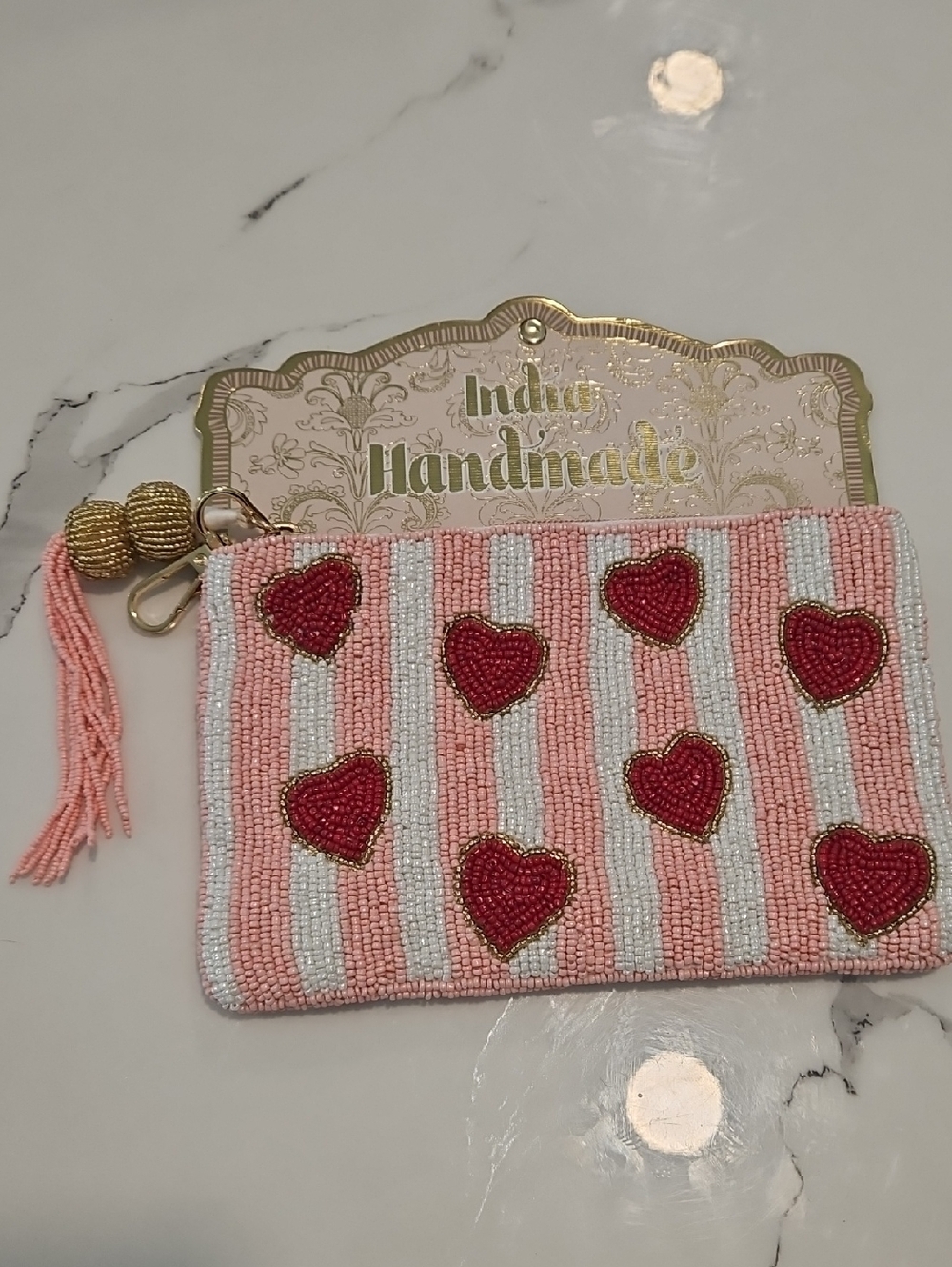 Handmade Beaded Heart Stripe Clutch - Pink, White, Red